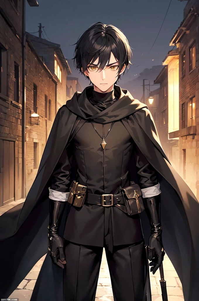 (masterpiece; best quality: 1.2), (finely detailed eyes: 1.3), ((25 year old man)), ((solo)), (yellow eyes: 1.4), (body; lithe, lean, slender: 1.3), (very short black hair: 1.3), (beautiful and clear background: 1.2), ((depth of field)), (clothes: black assassin attire + black high-neck tunic + black pants + black gloves + black cloak + belts + traveler pouches and satchel: 1.3), (anime illustration: 1.2), (background; medieval slums alleyway + night: 1.1), (extremely fine and handsome: 1.1), (shot composition; standing + centered on torso + close-up: 1.5), (expression; calm, stoic: 1.2)