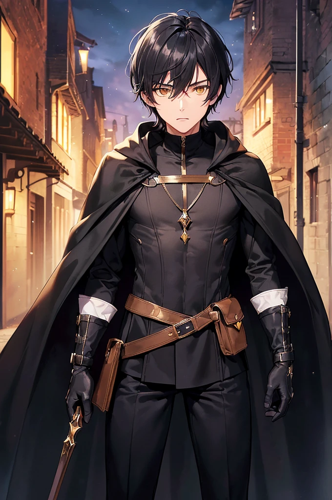 (masterpiece; best quality: 1.2), (finely detailed eyes: 1.3), ((25 year old man)), ((solo)), (yellow eyes: 1.4), (body; lithe, lean, slender: 1.3), (very short black hair: 1.3), (beautiful and clear background: 1.2), ((depth of field)), (clothes: black assassin attire + black high-neck tunic + black pants + black gloves + black cloak + belts + traveler pouches and satchel: 1.3), (anime illustration: 1.2), (background; medieval slums alleyway + night: 1.1), (extremely fine and handsome: 1.1), (shot composition; standing + centered on torso + close-up: 1.pression; calm, stoic: 1.2)