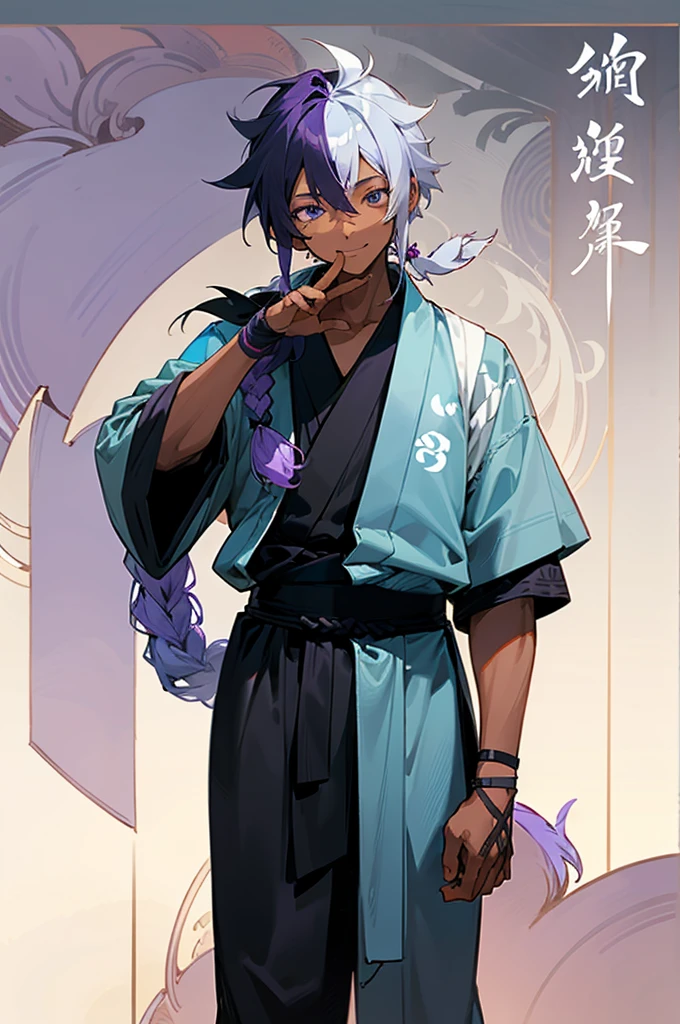 1male, tan skin, teenager, blind eyes, light blue hair, dark purple hair, half blue half purple hair, one braid in back, smiling expression, open black and white ukata, old japanese background, , detailed background, detailed face, standing on path, hand to side