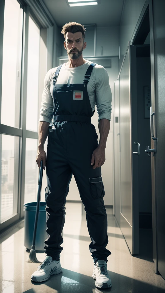 janitor man in full height arms spread to the sides T pose