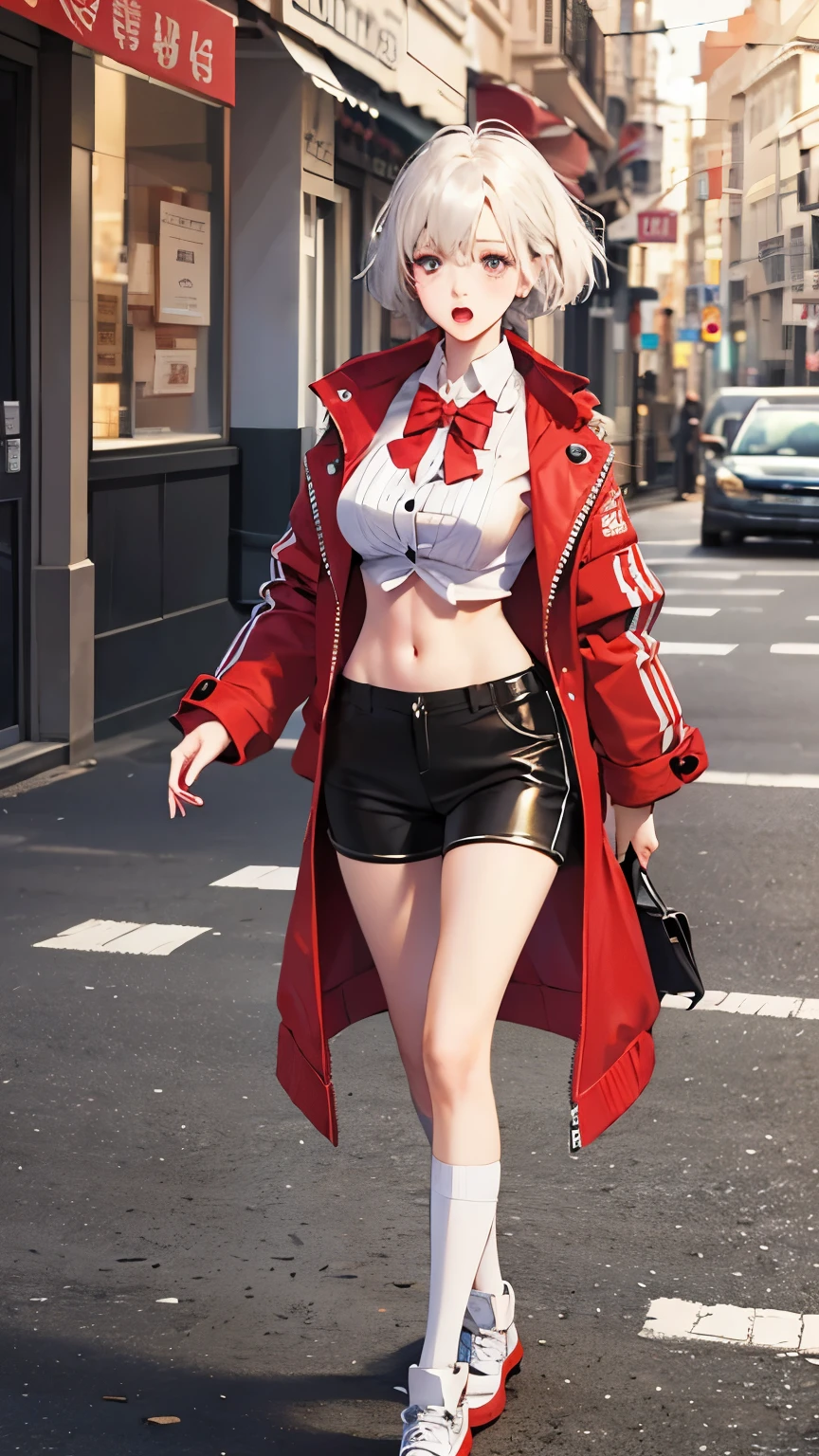 1 girl, solo, shift lift, transparent raincoat, white hair, red eyes, (Southern Hemisphere chest: 1.3), Southern Hemisphere, open clothes, big breasts, exposed navel, city, red vest, white jacket, black shorts, beautiful, soft light, hands rubbing breasts, sling, study, bokeh, red light rays, beautiful eyes, blush, (open mouth: 1.2), no makeup, perfect face, golden ratio, smoke, (((masterpiece))), ((best quality)), ultra high quality, official art, highly detailed CG unity 8k wallpaper, highly detailed, (ultra fine illustration), high resolution, (ultra detailed), detailed face, perfect face, perfect eyes, (very delicate and beautiful), stunning art, pretty, high resolution, fine fabric highlighting, HD, 1 girl, solo, full body, (underbust), (bow), (idol), platinum blonde hair, (hearts in eyes), (white knee-high socks), transparent jacket, nipple stickers,