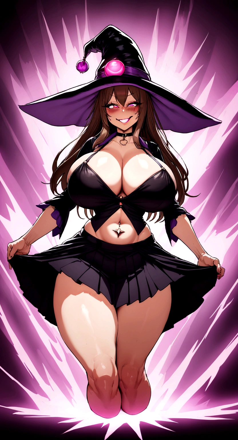 big lips, Brown hair, pink eyes, japanese face, improve, improve grin, two sides up, huge breasts, Wide hips, sexy, detailed, pink room, Hits, (evil smile1.4), kawaii, pleated skirt,Hallowe&#39;en, GOOD, witch costume, witch skirt, witch shirt, witch choker, witch skirt, witch shirt,navel piercing, Hallowe&#39;en, Witch hat 