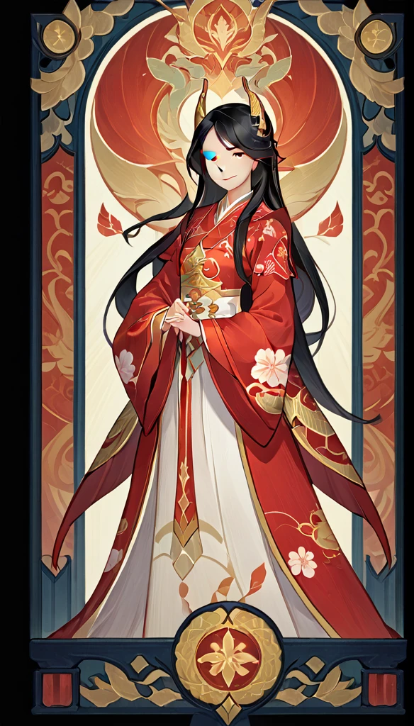 score_9, score_8_up, score_7_up, score_6_up, score_5_up, score_4_up,
female, Mulan, long hair, black hair, brown eyes, eyelashes, frills, Chinese general costumes,, long sleeves, long sleeves, light smile,
Full body standing painting, (((solo))), Clear facial features, Simple line design, ((tarot card background, symmetric beauty)), perfectly symmetrical, The art of symmetry, Standing drawings of characters, ((flatcolors)), tmasterpiece,top Quority,best qualtiy,Ultra-high resolution, ((Clear facial features,beautidful eyes,beauitful face, Exquisite facial features)),