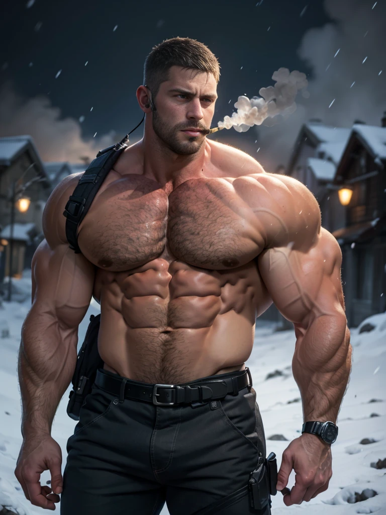 Dark gothic village in the background, old Chris Redfield from Resident Evil 8, 48 year old, muscular male, tall and hunk, biceps, abs, chest, (pecs:1.7), (muscle:1.7), no top clothes,  topless, black trousers, shoulder holster, earpiece, belt, thick beard, cold face, cigarette in mouth, smoke, video games style, high resolution:1.2, best quality, masterpiece, dark nightime, dark atmosphere, winter, snowing, shadow, upper body shot