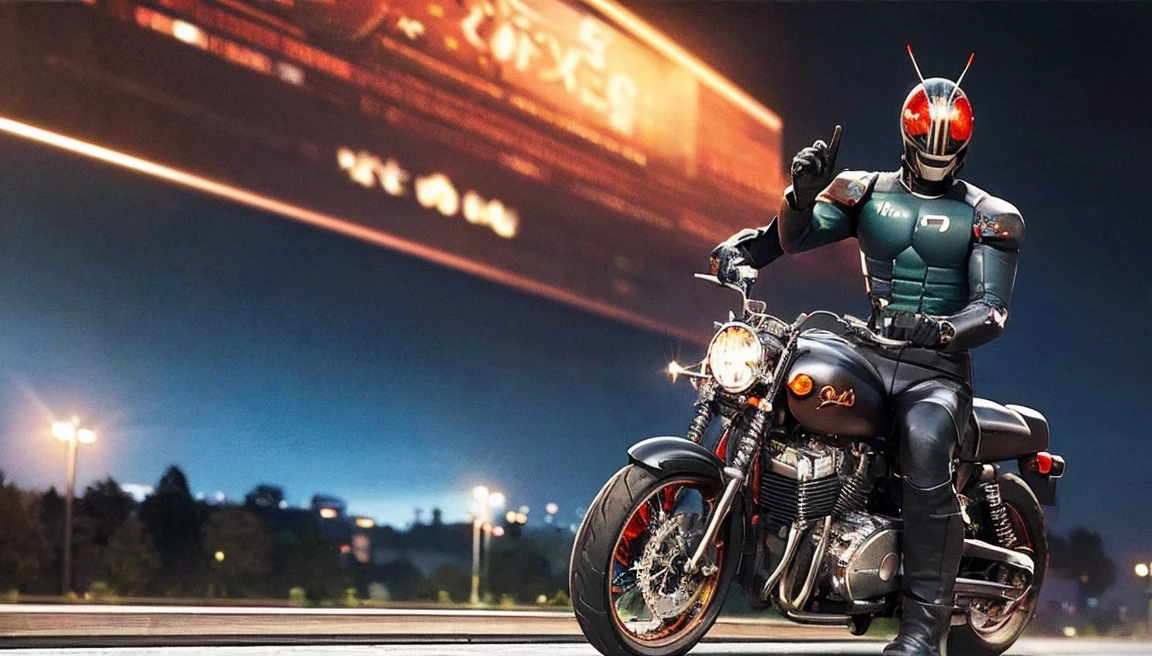 Kamen_Rider_Black_RX, (riding a motorcycle, in futuristic outfit:1.2), dynamic, action-packed, detailed character design, 1man, futuristic clothing, futuristic motorcycle, (extremely detailed background:1.3), ((nighttime, darkness, low light pollution)),