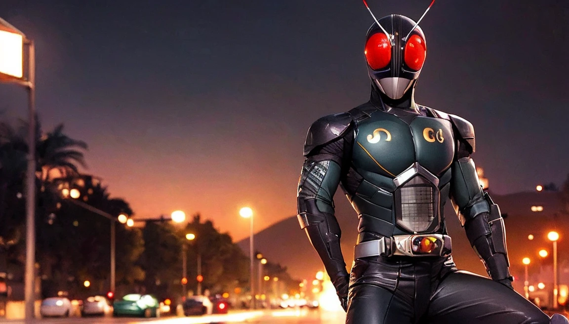 Kamen_Rider_Black_RX, (riding a motorcycle, in futuristic outfit:1.2), dynamic, action-packed, detailed character design, 1man, futuristic clothing, futuristic motorcycle, (extremely detailed background:1.3), ((nighttime, darkness, low light pollution)),