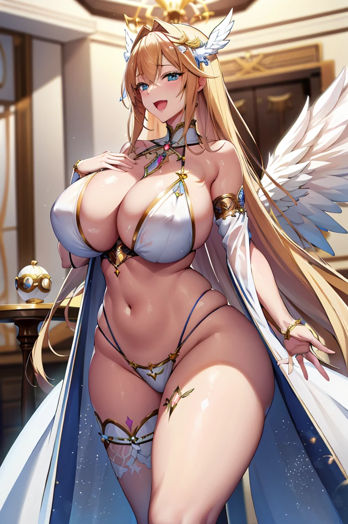 最high quality, high quality, 8K、High resolution,Highest quality、anime、solo、from the front、Arafe woman wearing a white bikini, Long neck、bare hands、barefoot、belly button、maternal、Thighs、Background of a room with a chandelier、Are standing、Open Mouth Smile、Blonde、high qualityな青い瞳、白いビキニを着ているsuper Wide Angel, Majestic angel all over the body, animeの女神, Wide Angel, Angela White, Epic pose,白いビキニを着ている美しく魅力的なanimeの女性, Huge and stunning goddess shots, Angel Knight Girl, Tall female angel, She has angel wings on her chest, Highly detailed goddess shot