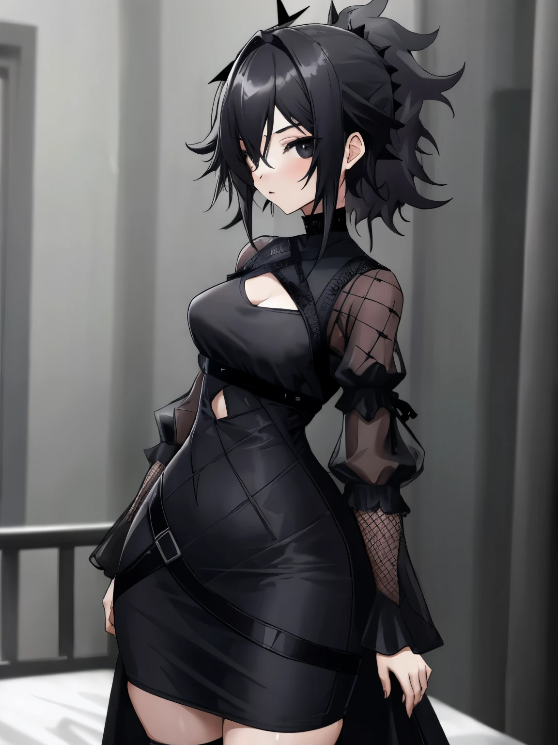 1girl, goth, black bodycon dress, mesh sleeves, messy hair, bedhead, tight dress, tight clothing, standing, looking at viewer, black eyes