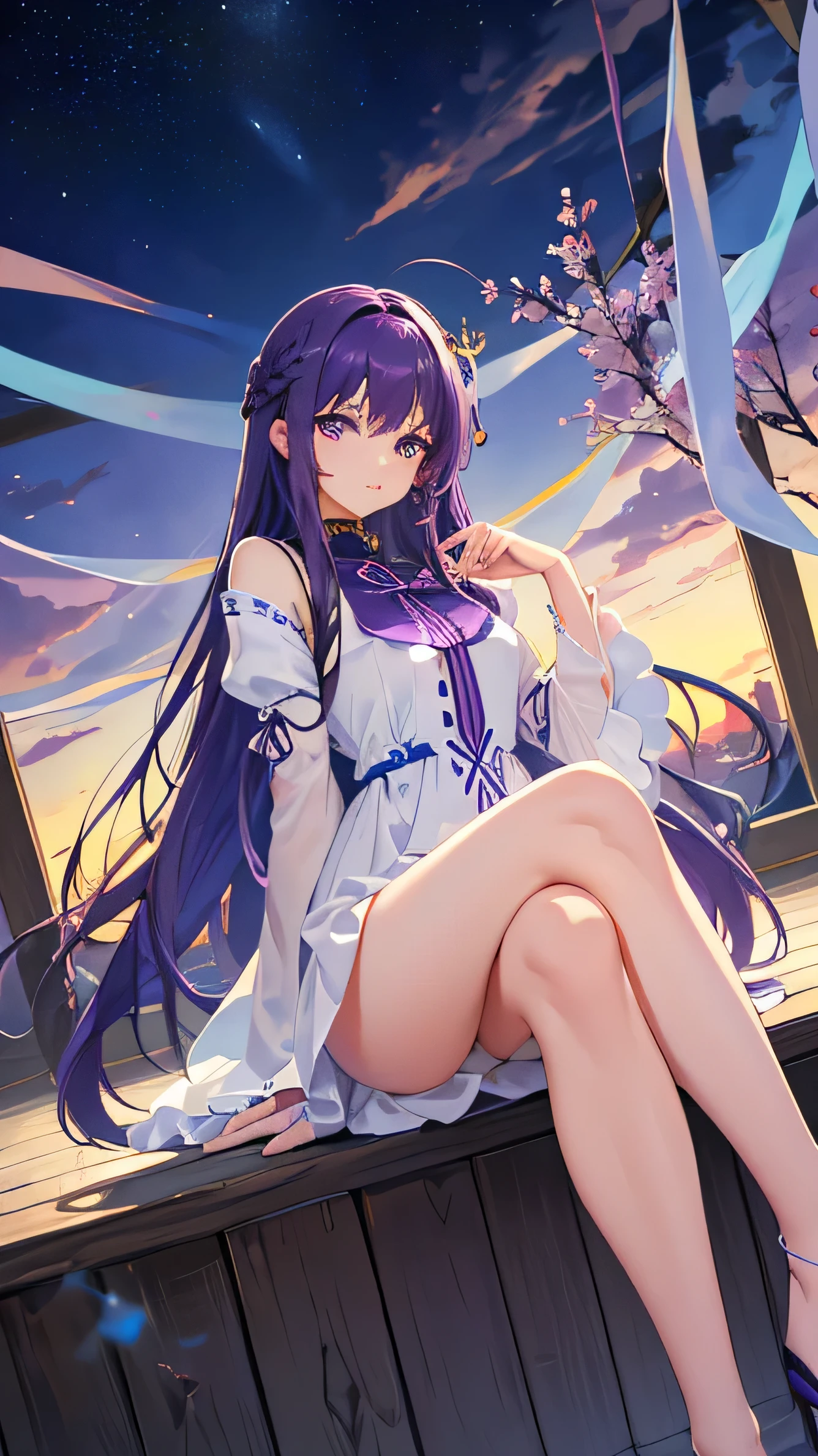 (Front view),Dynamic Angle,Extremely detailed, illustration, close up, straight on, 1 Girl, full-body shot，Sitting cross-legged on a stool
 ((Purple Hair，Long hair，Mature emoticon，)),Her eyes shone like Dreamy stars,(Glowing eyes:1.233),(Beautiful and delicate eyes:1.1),(Mature，Royal sister),(permanent), 
(Bright and warm daytime interior，),Warm and bright picture
(night:1.2),Dreamy, [[Slender fingers and hands:0.55]::0.85],(Detail fingers),