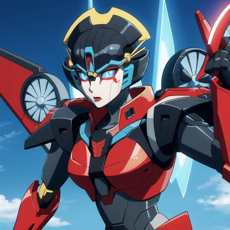 1girl, solo, windblade, robot, mecha, glowing eyes, no_humans, autobot, wings, transformers prime, best quality