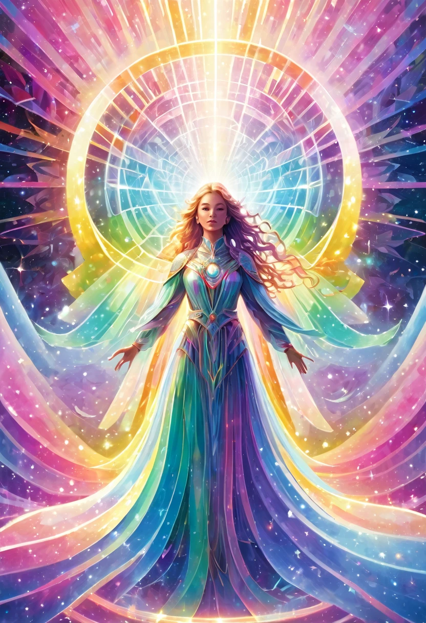 Angel in a mysterious energy space with shining geometric patterns, pastel colored rainbow light