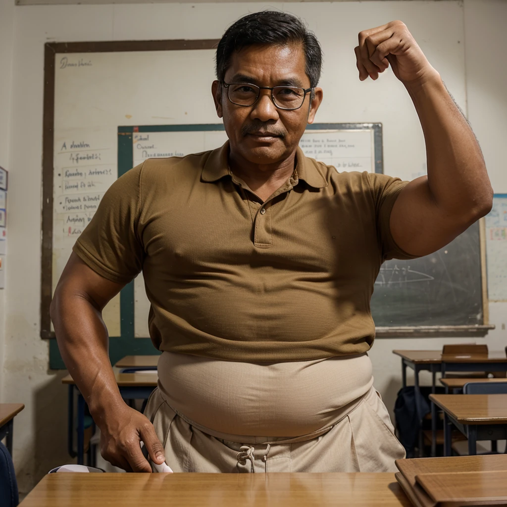 Best quality, intricate, masterpiece, man Indonesian, Teacher, muscle, mature old age, chubby, teacher's uniform, teaching students, class room, small dick, transparent glasses.