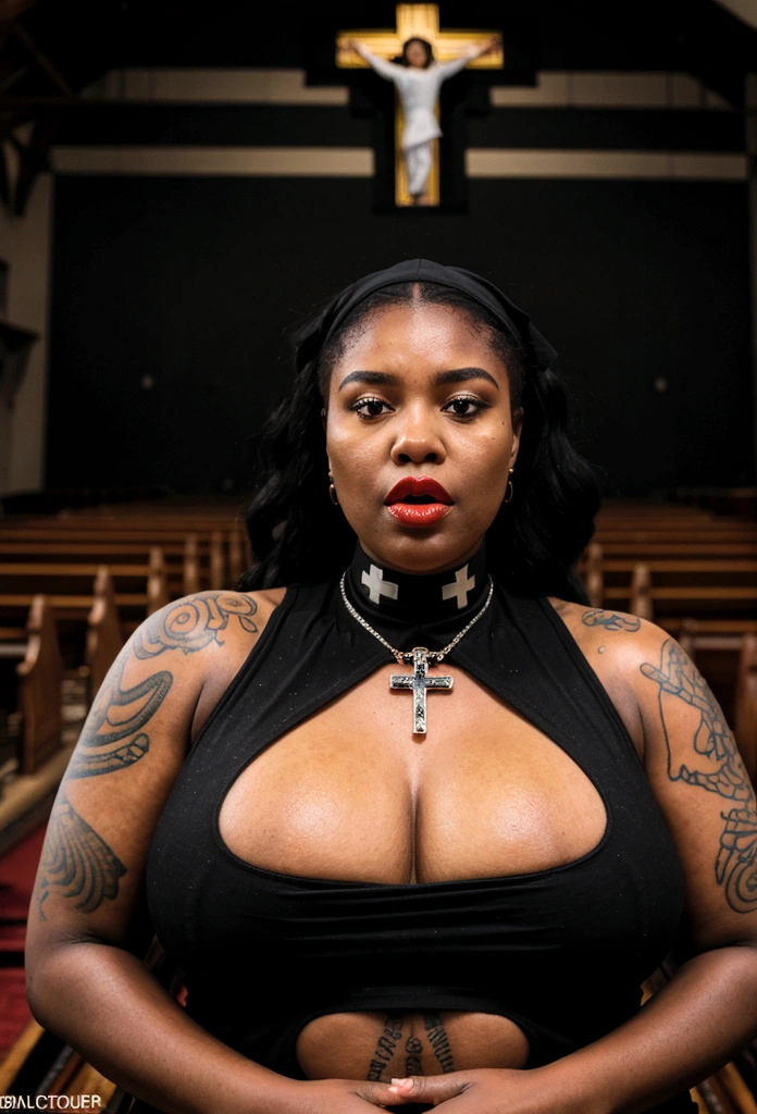 ((black African woman:1.4)) ((in a church:1.4)),((there is an audience and crowd in the church:1.4)), large breasts size, large breasts, with large breasts, uncovered nsfw huge breasts, nsfw huge breasts, big breasts, big breasts!, ((she is wearing a transparent tank top:1.2)), extremely plump, with a large breasts, fat woman, sie boob, big breasts!!, cleavage, ((exposed breasts:1.2)), ((extreme bulging cleavage:1.1)), ((black nipples and areolas)),((she is wearing heavy makeup, dark, bright red lipstick, a large cross pendant,clergy collar,and tattoos)),  she has ((triple Wide,fat,hanging inflated,ballooned, exaggerated,larger-than-life, oversize, crowded,gargantuan,meaty,breasts hanging down to her stomach:1.2))