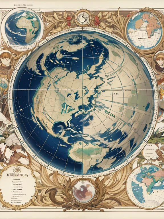 Geographic map of two hemispheres of an unknown planet with five unusual continents according to the Mercator system, many small details, intricate details, coordinate grid, Rose of Wind, parchment texture
