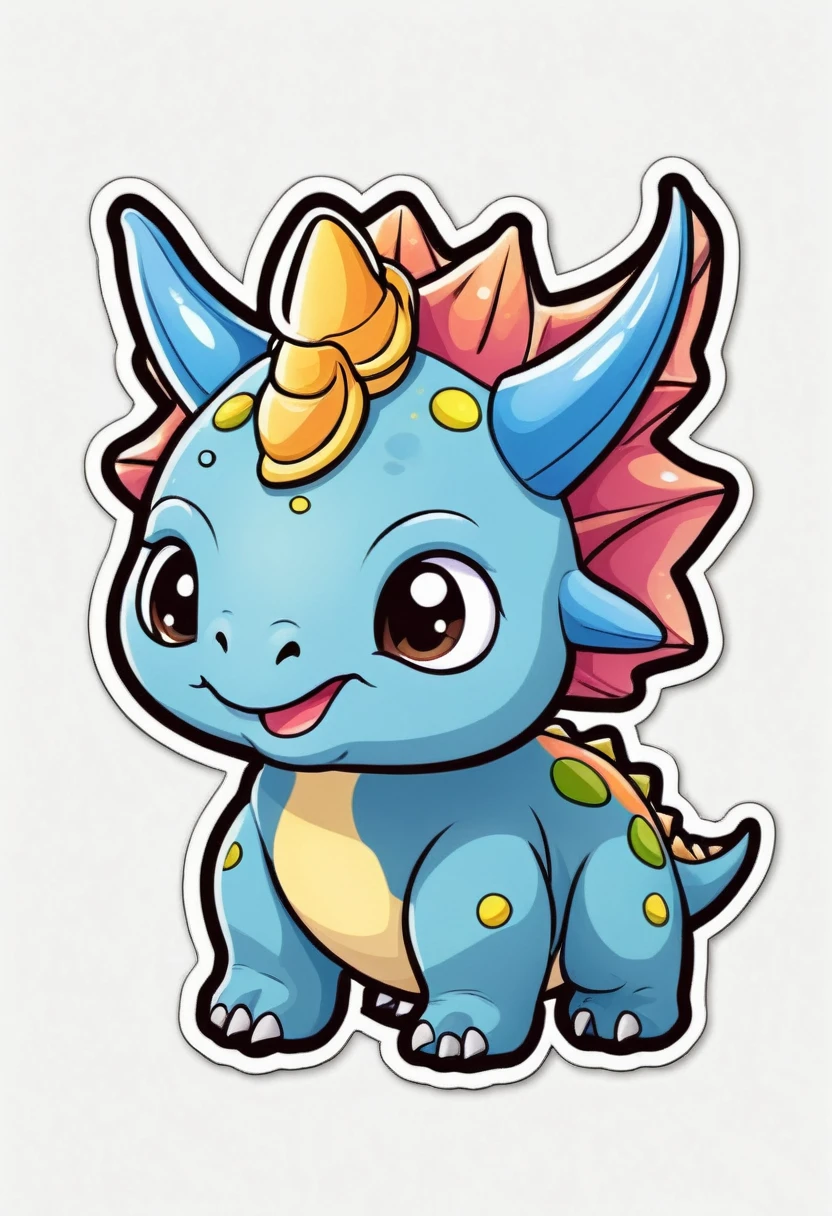 sticker, happy colored Triceratops horridus, kawaii, outline, vector, white background