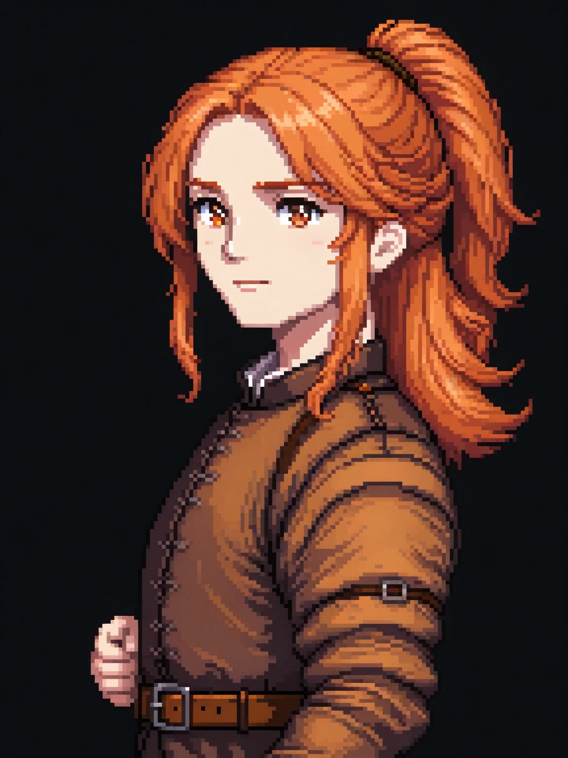 (Pixel art: 1.2), 1 middle-aged man, slightly overweight with a strong build, with a long, vibrant light orange beard and medium-length vibrant light orange hair, light brown skin, wearing a dark brown long-sleeved medieval shirt that covers the entire arms, brown pants, a leather belt, brown leather boots, portrait, side view, red eyes, visible lips and nose, Black background, menacing expression.