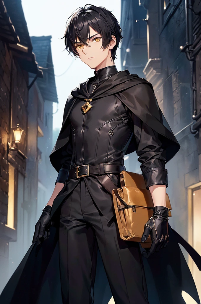 (masterpiece; best quality: 1.2), (finely detailed eyes: 1.3), ((25 year old man)), ((solo)), (yellow eyes: 1.4), (body; lithe, lean, slender: 1.3), (very short black hair: 1.3), (beautiful and clear background: 1.2), ((depth of field)), (clothes: black assassin attire + black high-neck tunic + black pants + black gloves + black cloak + belts + traveler pouches and satchel: 1.3), (anime illustration: 1.2), (background; medieval slums alleyway + night: 1.1), (extremely fine and handsome: 1.1), (shot composition; standing + centered on torso + close-up: 1.5), (expression; calm, stoic: 1.2)