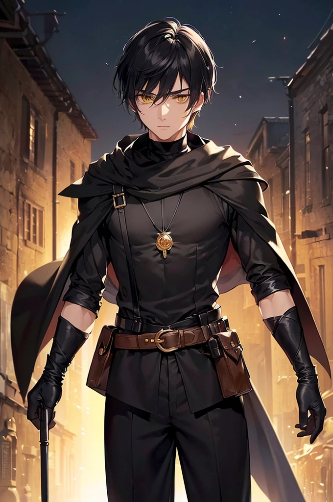 (masterpiece; best quality: 1.2), (finely detailed eyes: 1.3), ((25 year old man)), ((solo)), (yellow eyes: 1.4), (body; lithe, lean, slender: 1.3), (very short black hair: 1.3), (beautiful and clear background: 1.2), ((depth of field)), (clothes: black assassin attire + black high-neck tunic + black pants + black gloves + black cloak + belts + traveler pouches and satchel: 1.3), (anime illustration: 1.2), (background; medieval slums alleyway + night: 1.1), (extremely fine and handsome: 1.1), (shot composition; standing + centered on torso + close-up: 1.5), (expression; calm, stoic: 1.2)