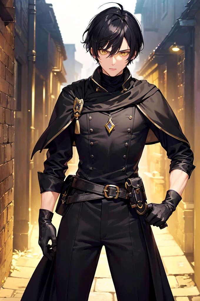 (masterpiece; best quality: 1.2), (finely detailed eyes: 1.3), ((25 year old man)), ((solo)), (yellow eyes: 1.4), (body; lithe, lean, slender: 1.3), (very short black hair: 1.3), (beautiful and clear background: 1.2), ((depth of field)), (clothes: black assassin attire + black high-neck tunic + black pants + black gloves + black cloak + belts + traveler pouches and satchel: 1.3), (anime illustration: 1.2), (background; medieval slums alleyway + night: 1.1), (extremely fine and handsome: 1.1), (shot composition; standing + centered on torso + close-up: 1.5), (expression; calm, stoic: 1.2)