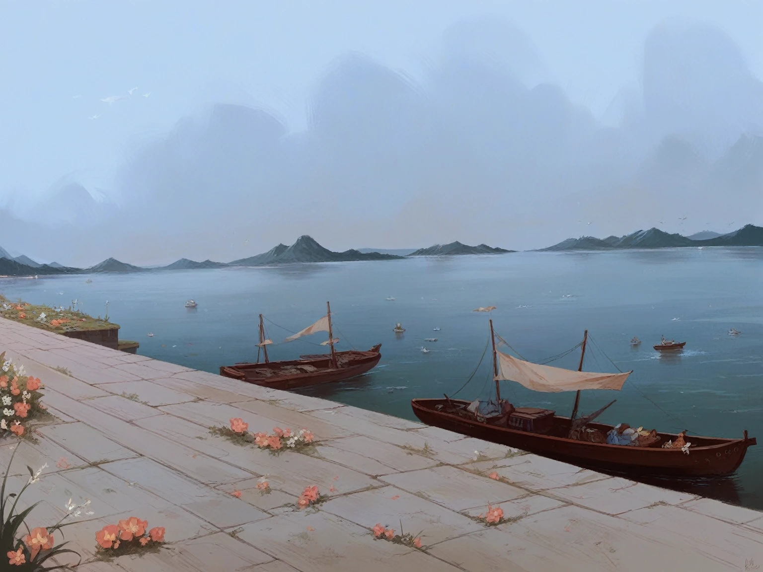 Boat, hills , flowers, fish and high building