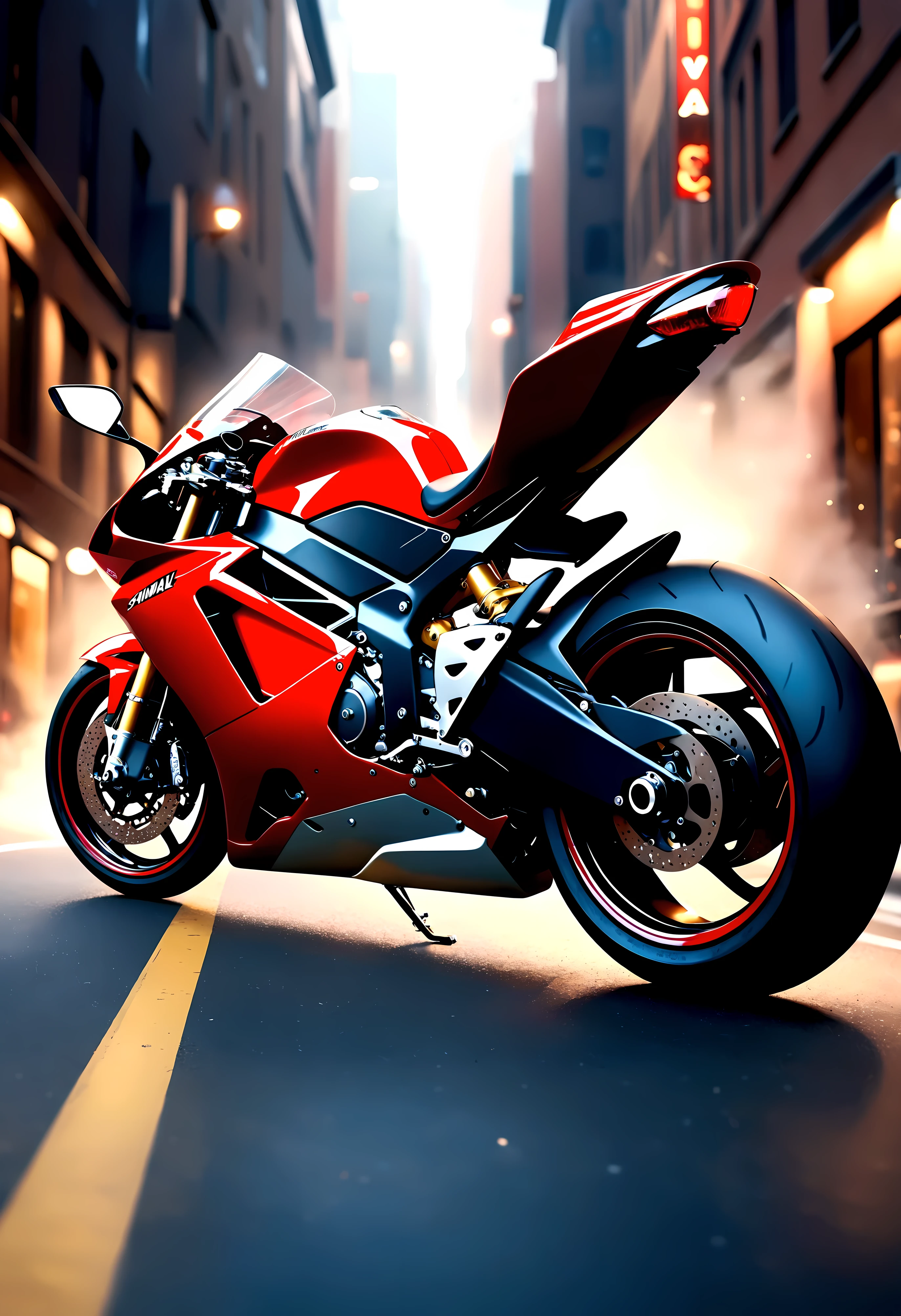 ((Masterpiece in maximum 16K resolution):1.6),((soft_color_photograpy:)1.5), ((Ultra-Detailed):1.4),((Movie-like still images and dynamic angles):1.3), ((motion blur):1.1) | (Cinematic backview photo of a speeding Superbike), (street race), (cinematic lens), ((tyndall effect):1.1), (Street light), (smoke), (super bike), ((backview):1.2), (Night at City Street), (sense of speed), (shimmer), (visual experience), (Realism), (Realistic), award-winning graphics, dark shot, film grain, extremely detailed, Digital Art, rtx, Unreal Engine, scene concept anti glare effect, All captured with sharp focus. | Rendered in ultra-high definition with UHD and retina quality, this masterpiece ensures anatomical correctness and textured skin with super detail. With a focus on high quality and accuracy, this award-winning portrayal captures every nuance in stunning 16k resolution, immersing viewers in its lifelike depiction. Avoid extreme angles or exaggerated expressions to maintain realism. | ((perfect_composition, perfect_design, perfect_layout, perfect_detail, ultra_detailed)), ((enhance_all, fix_everything)), More Detail, Enhance.

