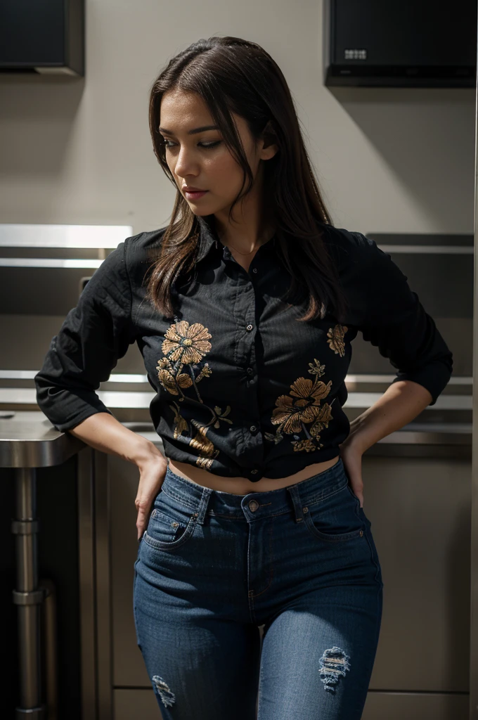 A beautiful girl in her 30s, beautiful thighs, wearing jeans with an intricate flower design, a black shirt with a terminator movie picture