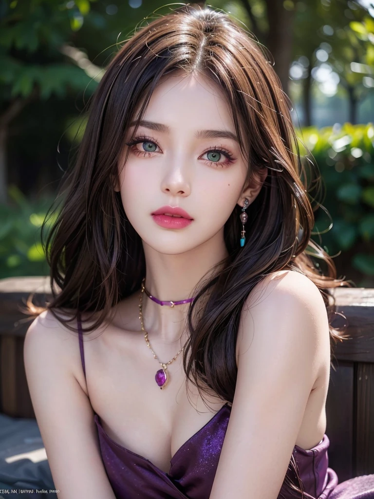  1girl, alone, solitary, high quality, (best quality,4k,8k,highres,masterpiece:1.2),ultra-detailed,(realistic,photorealistic,photo-realistic:1.37),gorgeous hair,light brown hair,long hair with curls and bangs,sharp eyes,mole under the eye,plump lips,jewelry,(high detailed skin:1.4),(rim lighting:1.3),(lit:1.3),(sunny day:1.3),portrait,beautiful lips,waist-length hair,seductive gaze,moles,casual clothes,colorful clothing,close up,super long hair,choker necklace,light green eyes,bangs,fringe,dimples on the cheeks,dimples,brown hair,lighthair,brown hair,black,red lips,red lipstick,round lips,round pouty lips,pouty lips,douyin makeup,sparkly makeup,glitter,contact lenses,blue,green,pink,purple,wine red,highlights,colored highlights,piercings,gems,glitter,lipstick,lip gloss,green eyes,tattoos,tattooed,navel piercing