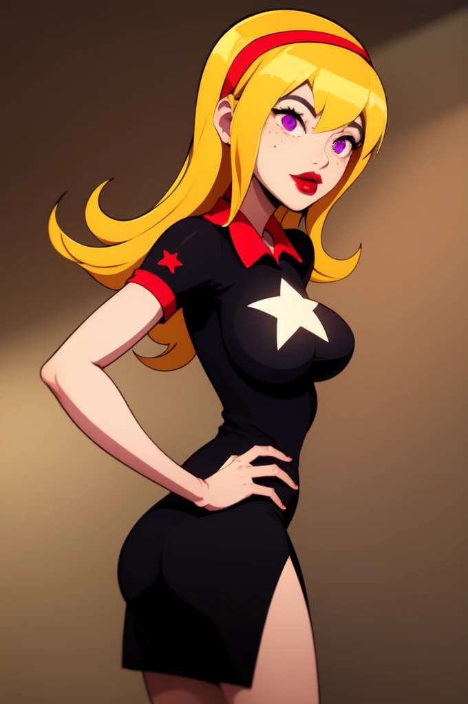 yellow hair, black dress, freckles, lipstick, big boobs, purple eyes, Lucy Mann, big ass, seductive pose, solo, tight outfit, masterpiece, high quality, humanoid, ultra 4k, black polo, red collar, red cuffs, white single 5-point star shirt design centered