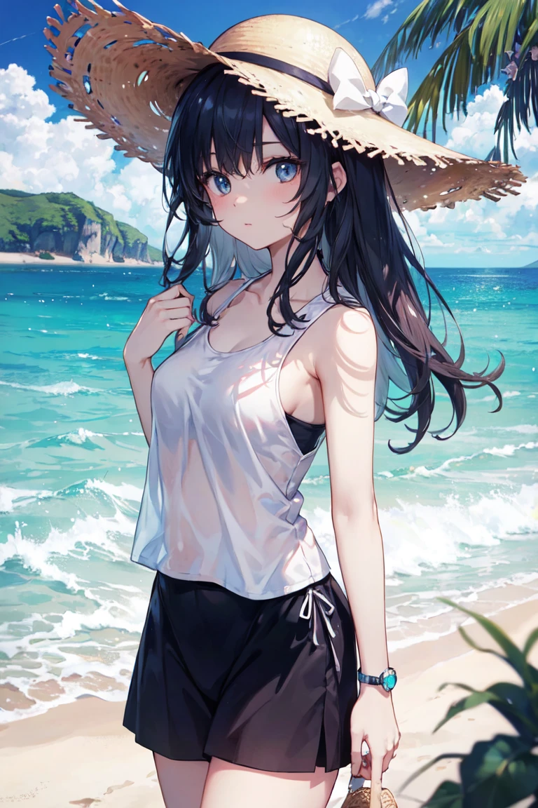 In 8K、Highest quality、masterpiece、Ultra-detailed、Ultra-high resolution、Anime Style、One woman、Midsummer、White sand beach、Beach、White tank top、Straw hat