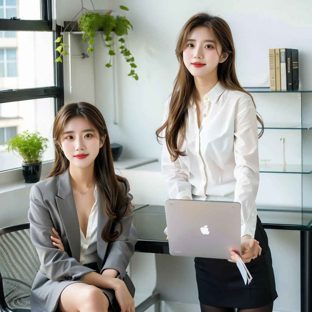 A young Vietnamese woman named Lyna, around 27 years old, is standing in a modern interior space. She is wearing a gray suit and a white shirt, smiling warmly and welcomingly. She is holding a notebook or a document in her left hand and her right hand is open as if explaining or inviting. The background is a bright area with large glass windows, green plants, and modern furniture, resembling an open office or a professional workspace, UHD, high details, best quality