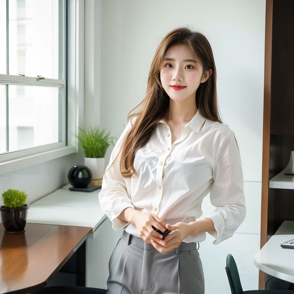 A young Vietnamese woman named Lyna, around 27 years old, is standing in a modern interior space. She is wearing a gray suit and a white shirt, smiling warmly and welcomingly. She is holding a notebook or a document in her left hand and her right hand is open as if explaining or inviting. The background is a bright area with large glass windows, green plants, and modern furniture, resembling an open office or a professional workspace, UHD, high details, best quality