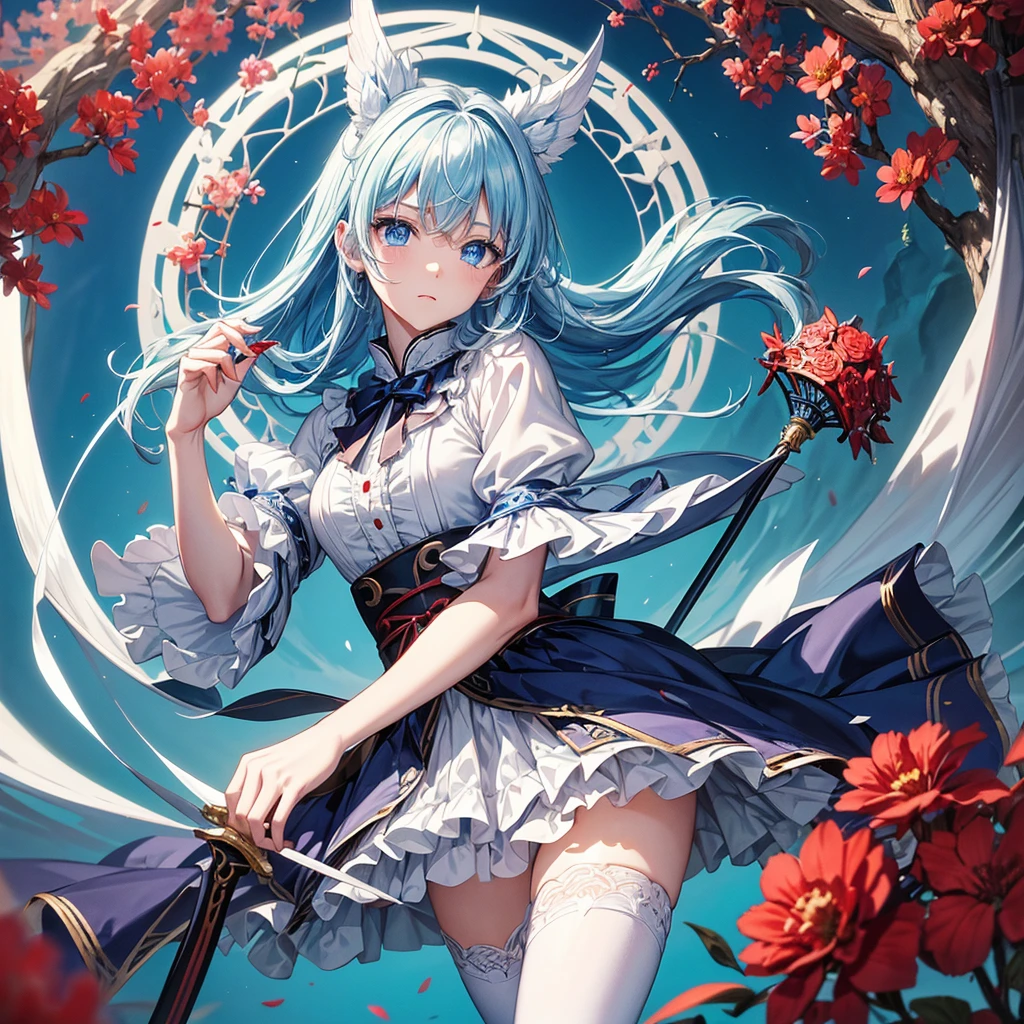 (((Masterpiece、Highest quality、Official Art、Super detailed、Handsome face、Dynamic composition)))、Anime Style、(Milky white and blue hair:1.3),(blue eyes:1.4),(Bright colors:1.4),((麻の葉background:1.3)),, Cool girl in gothic lolita outfit posing in palace, mini skirt, Frills, 黒 and blue outfit,In the middle of swinging a sword sideways、Blood splatter、sword、(background:Red dream catcher behind, Red flower, )