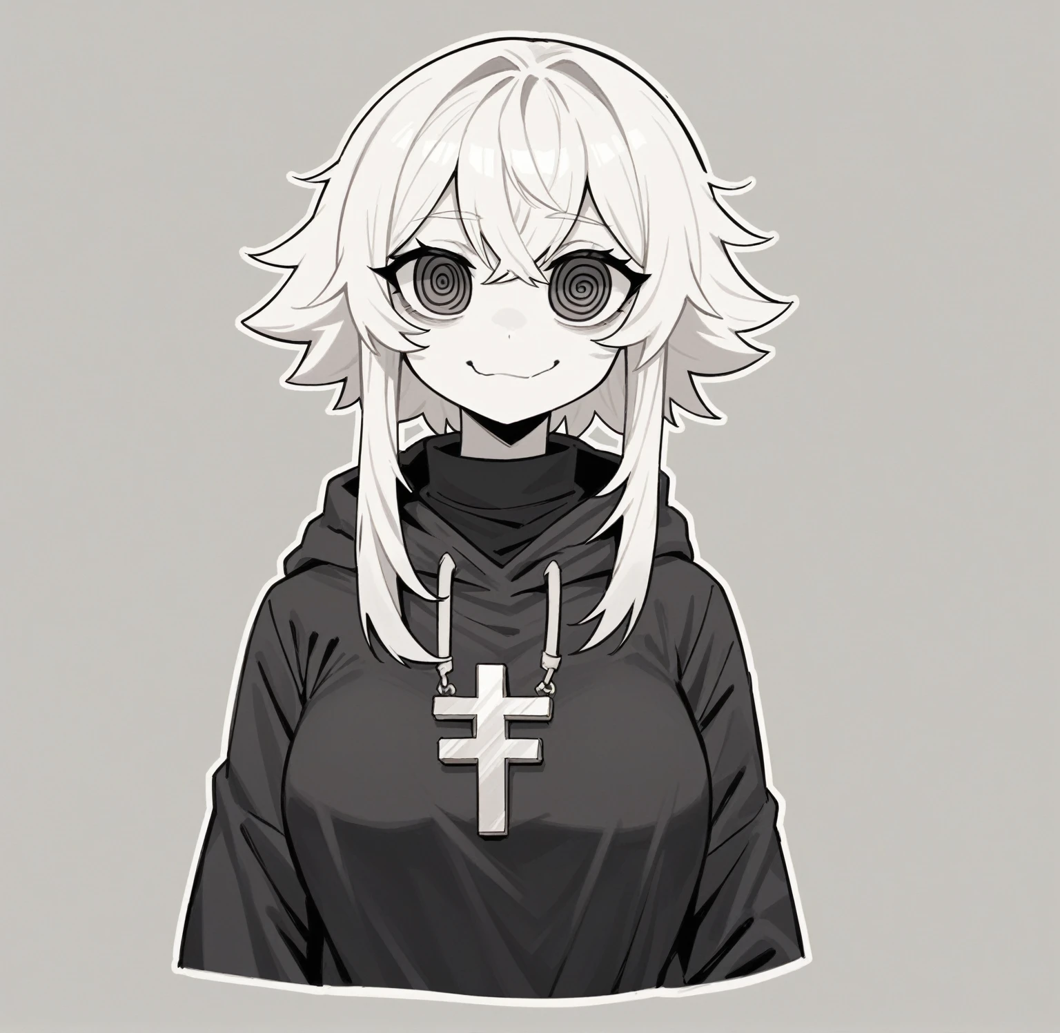 work of art,best qualityer,high qualiy, best qualityer, 4K,8K,up close,1 girl,standing alone,cross bangs, purples eyes, chapéu de Mushroon roxo, Mushroon, black sweatshirt,cute monochrome,coal,,white outline,(medium breasts),spiral shaped eyes)
light white hair.smug face