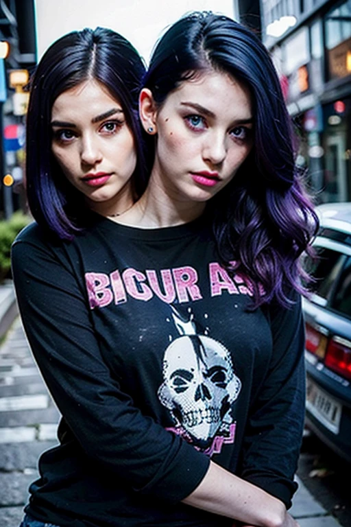 2heads, two headed woman, British, round face, age 24, pale skin, black hair with purple streaks in front, gamer girl fashion, ((cute)), ellen rose