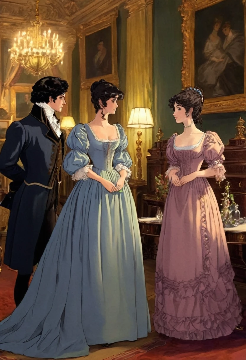 Very British English Regency 1797 to 1822 looks feels Very best quality, masterpiece , a very retro vintage kinda look feel 8K,High HD,higher rselutionHigh quality very anime semi realism Show a very English regency period young handsome looking couple male anf female show woman in noeclassical loose kinda thin kinda almost greco romanesque style dress with high waist short kind very somewhat puffed sleeves in pastel shades and colors with a very regency period looking young man dashing kinda rakish very very dark night dark hair haired even very kinda Bridgerton/Jabe Austen kinda looks feels in Regency England drawing room settings classical British look feels with female women empire high waisted detailed dresses