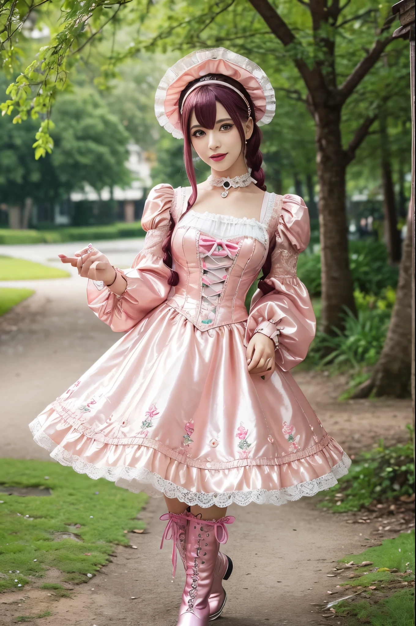sexy stylish Swedish model, only 1 female, ((doll-like appearance)), long neon pink stylish hair, ((shiny Victorian-Style boots)), (beautiful smile), very detailed eyes, very detailed eye makeup, lipgloss, long lashes, defined eyebrows, ((sexy Paradise Kiss cosplay)), bell-shaped skirt, petticoats, high neckline, puffed sleeves, (( ultra detailed lace)), ((ultra detailed embroidery)), intricate details, Paradise Kiss accessoires and matching headpiece, choker, ((large sparkling Paradise Kiss jewelry)), cinematic light, detailed large park background with trees