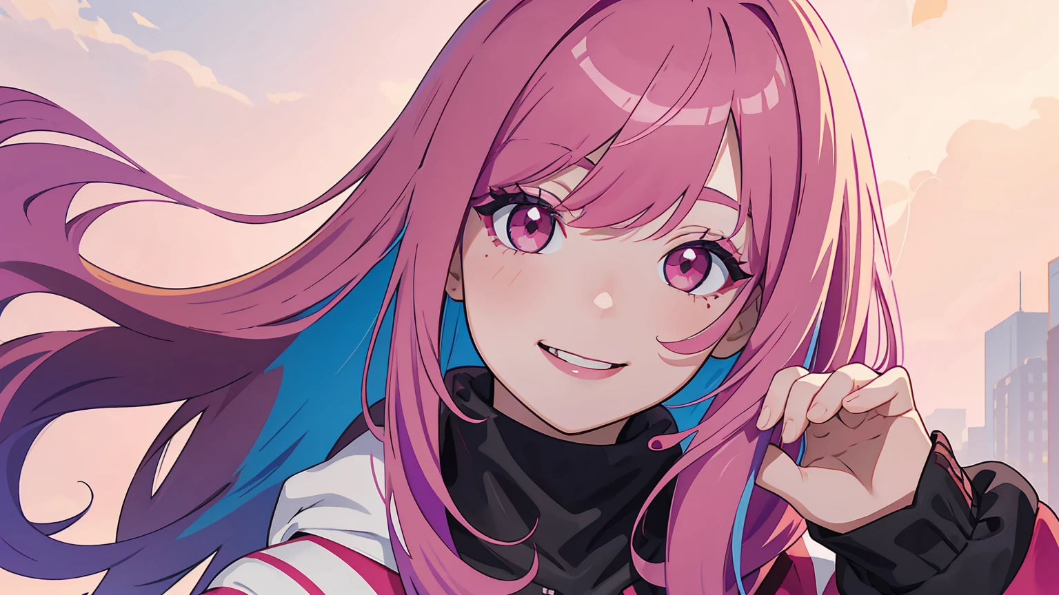 solo, bangs, pink hair, colored tips, red eyes, jacket, long sleeves, long hair, portrait, multicolored hair, happy smile, parted bangs, colored tip, purple tip, white highlights, portrait, eyeliner, red eyeliner, red lips, emo goth aesthetic