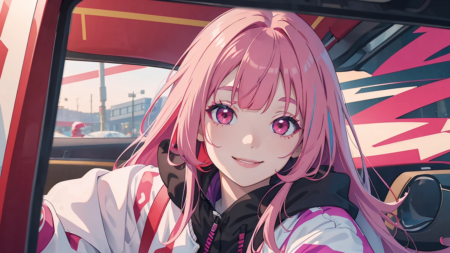 solo, bangs, pink hair, colored tips, red eyes, jacket, long sleeves, long hair, portrait, multicolored hair, happy smile, parted bangs, colored tip, purple tip, white highlights, portrait, eyeliner, red eyeliner, red lips, emo goth aesthetic