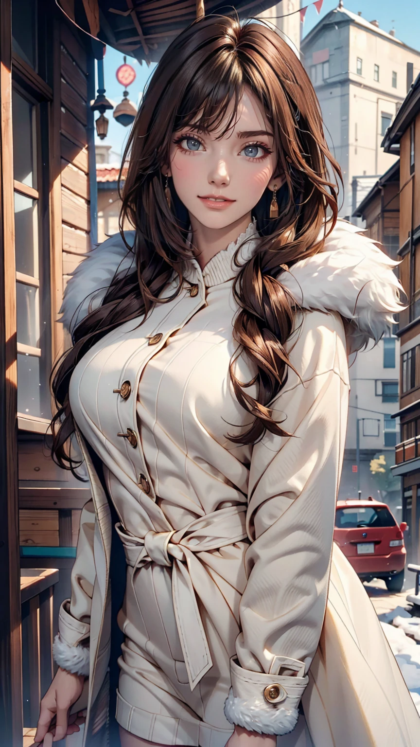 Amana Osaki, One girl, Have, gloines, Long Hair, 一人in, Pastel blue background, fur Have, smile, Brown Hair, looking at iniewer, Yellow Eyes, Simple Background, Fur trim, Open your mouth, coat, blush, Winter clothes, Braiding, white coat, in, long sleeines, bangs, swept bangs, teeth、24-year-old woman、Sexy proportions、Long eyelashes、eye shadow、lipstick、Sexy、erotic、Narrow waist