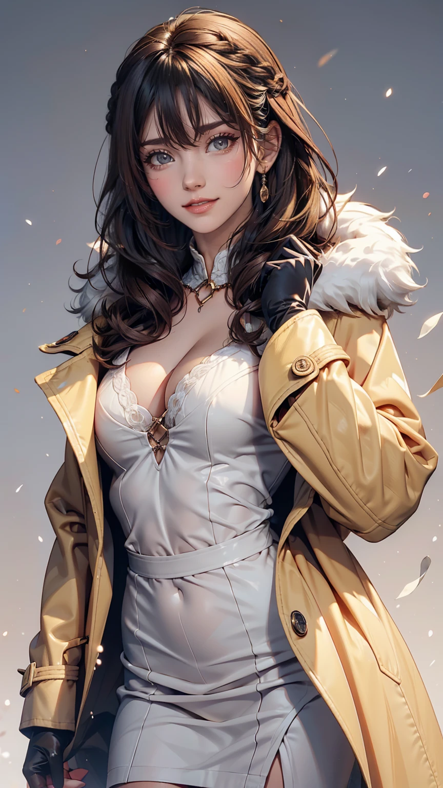 Amana Osaki, One girl, Have, gloines, Long Hair, 一人in, Pastel blue background, fur Have, smile, Brown Hair, looking at iniewer, Yellow Eyes, Simple Background, Fur trim, Open your mouth, coat, blush, Winter clothes, Braiding, white coat, in, long sleeines, bangs, swept bangs, teeth、24-year-old woman、Sexy proportions、Long eyelashes、eye shadow、lipstick、Sexy、erotic、Narrow waist