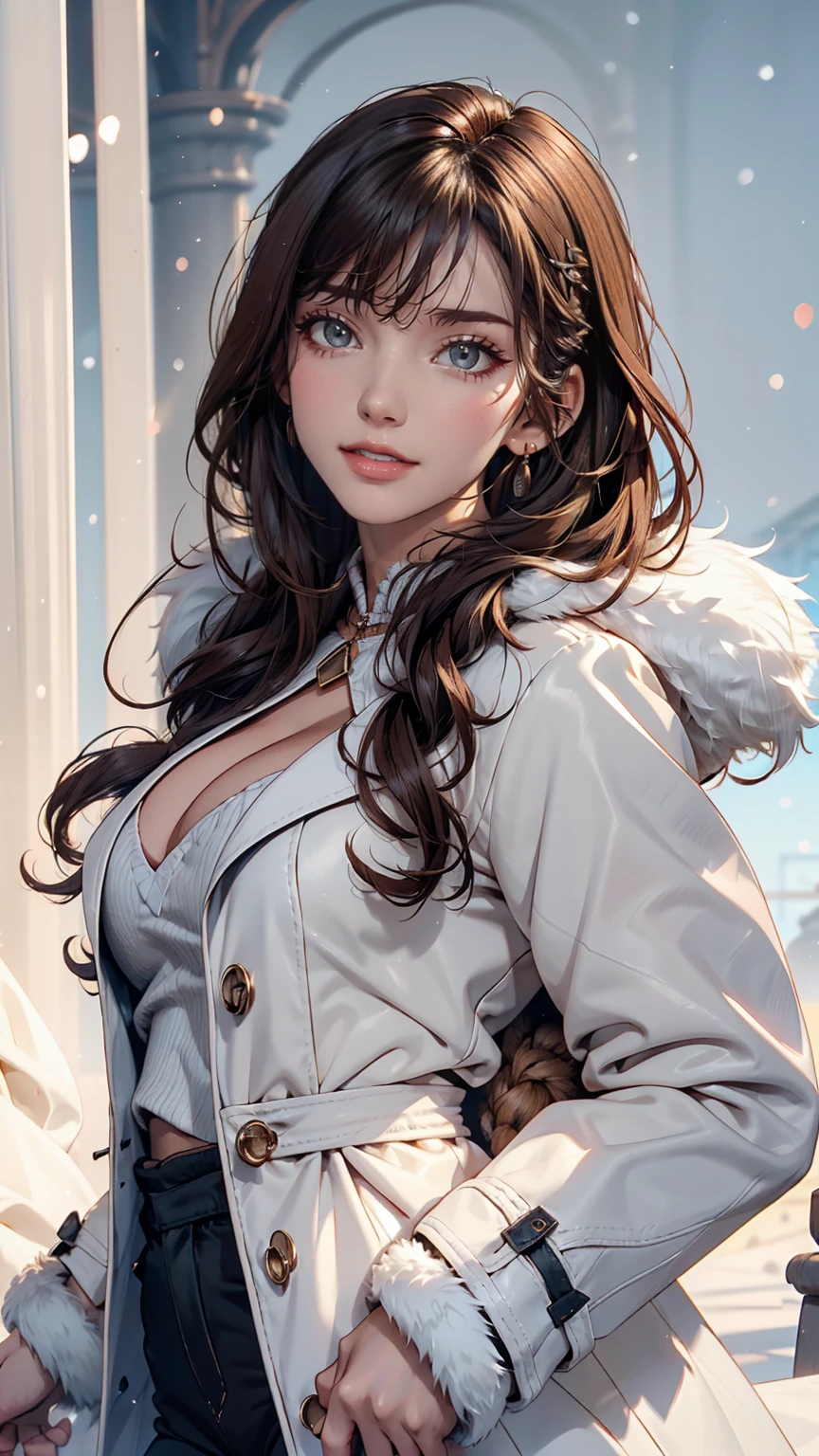 Amana Osaki, One girl, Have, gloines, Long Hair, 一人in, Pastel blue background, fur Have, smile, Brown Hair, looking at iniewer, Yellow Eyes, Simple Background, Fur trim, Open your mouth, coat, blush, Winter clothes, Braiding, white coat, in, long sleeines, bangs, swept bangs, teeth、24-year-old woman、Sexy proportions、Long eyelashes、eye shadow、lipstick、Sexy、erotic、Narrow waist