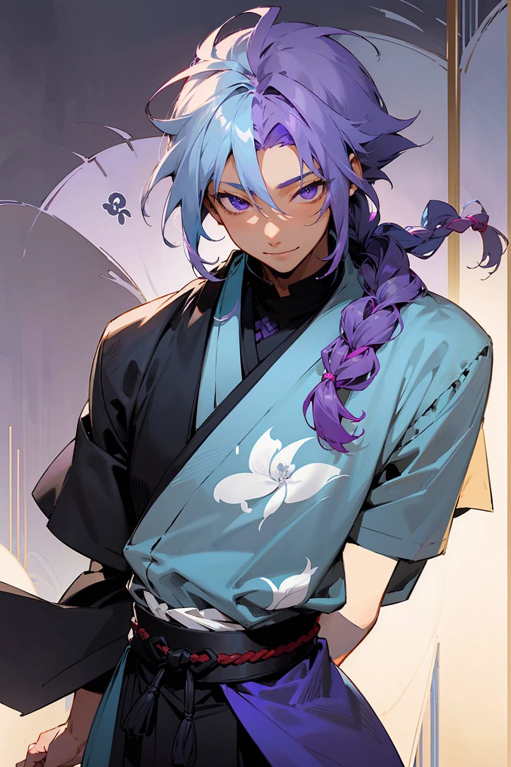 1male, tan skin, teenager, blind eyes, light blue hair, dark purple hair, half blue half purple hair, one braid in back, smiling expression, open black and white ukata, old japanese background, , detailed background, detailed face, standing on path, hand to side