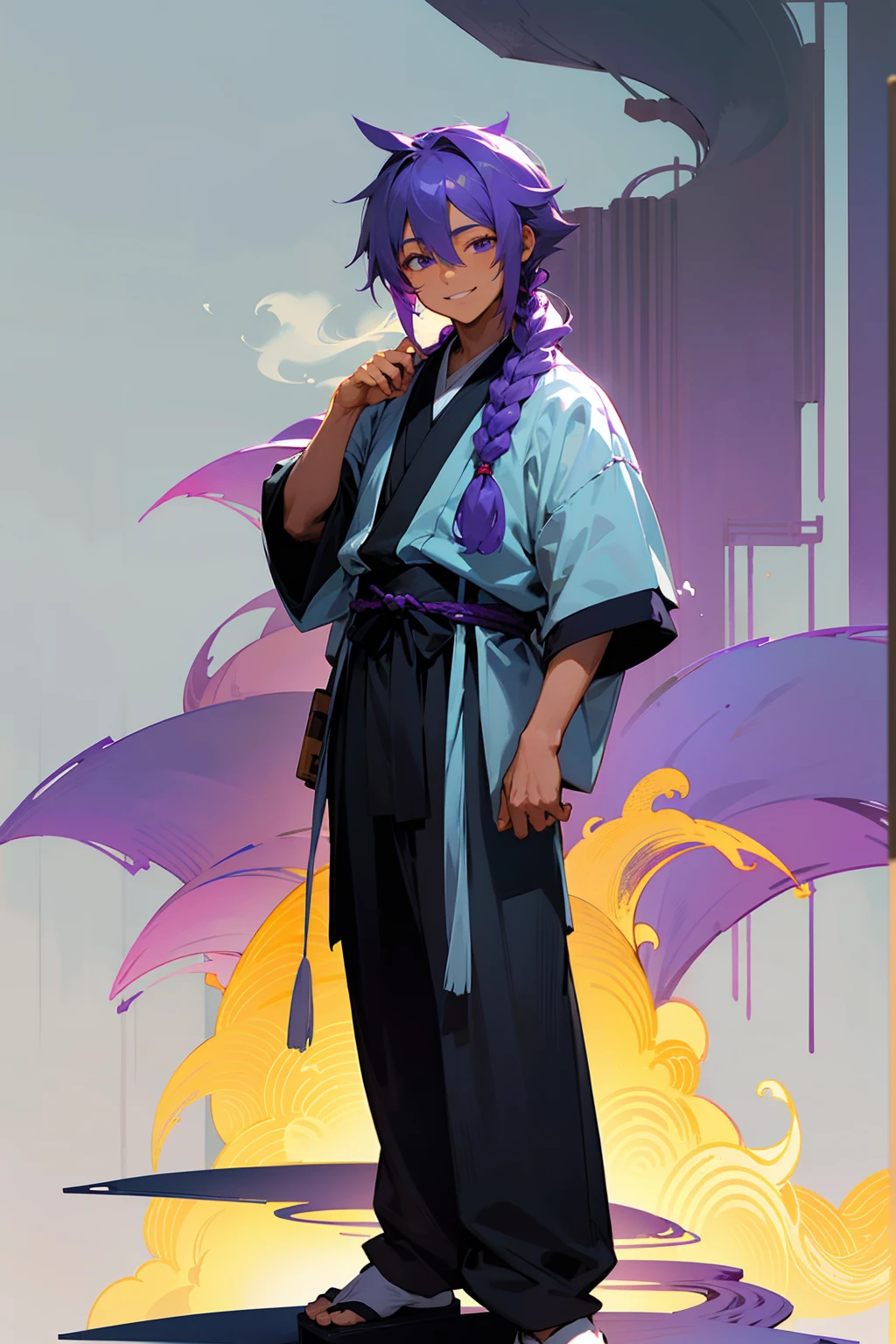 1male, tan skin, teenager, blind eyes, light blue hair, dark purple hair, half blue half purple hair, one braid in back, smiling expression, open black and white ukata, old japanese background, , detailed background, detailed face, standing on path, hand to side