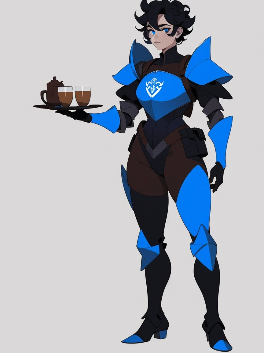 human woman, sharp blue eyes, short curly blue-black hair, wearing blue plate armor, black leather boots, standing
