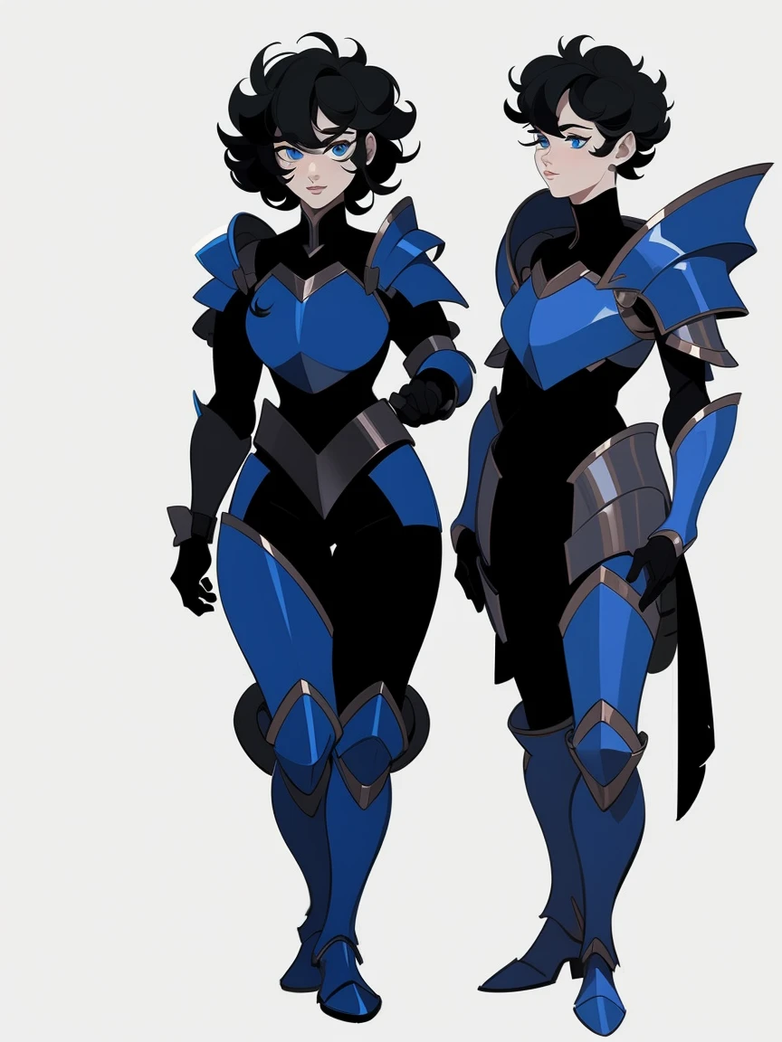 human woman, sharp blue eyes, short curly blue-black hair, wearing blue plate armor, black leather boots, standing