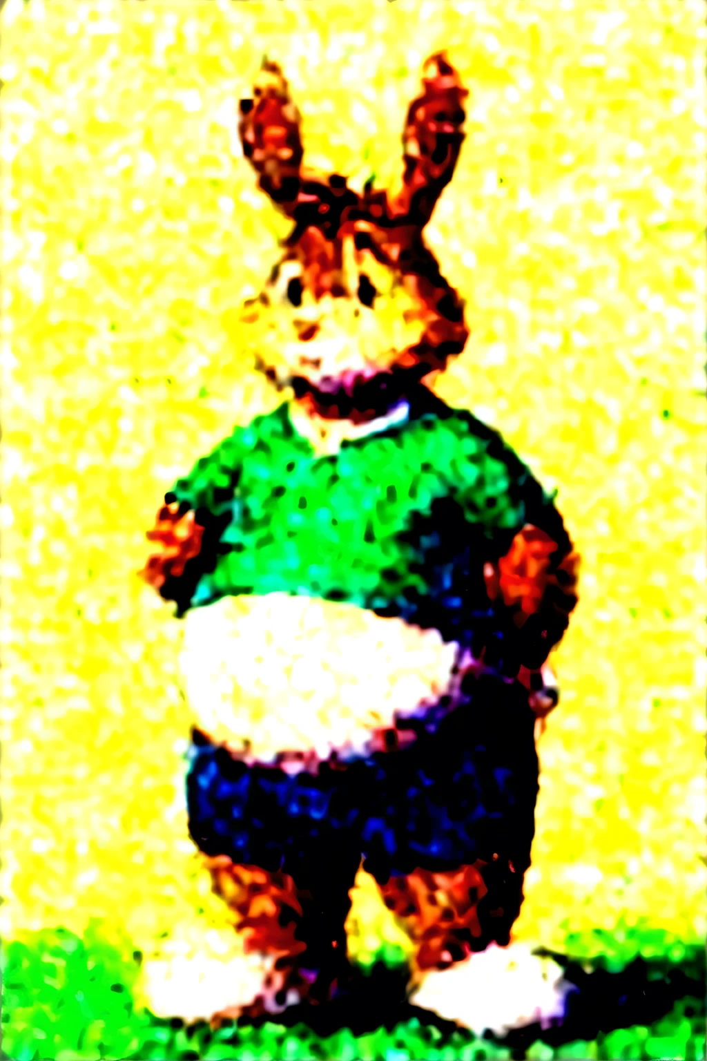 Pudgy, rabbit,  brown hair and green eyes, male, kid, chubby, flabby, belly spilling out of shirt, eating a donut, looking confused,  (masterpiece ) (best quality) young, tight shirt, soccer uniform, short, tween, obese, exposed belly 