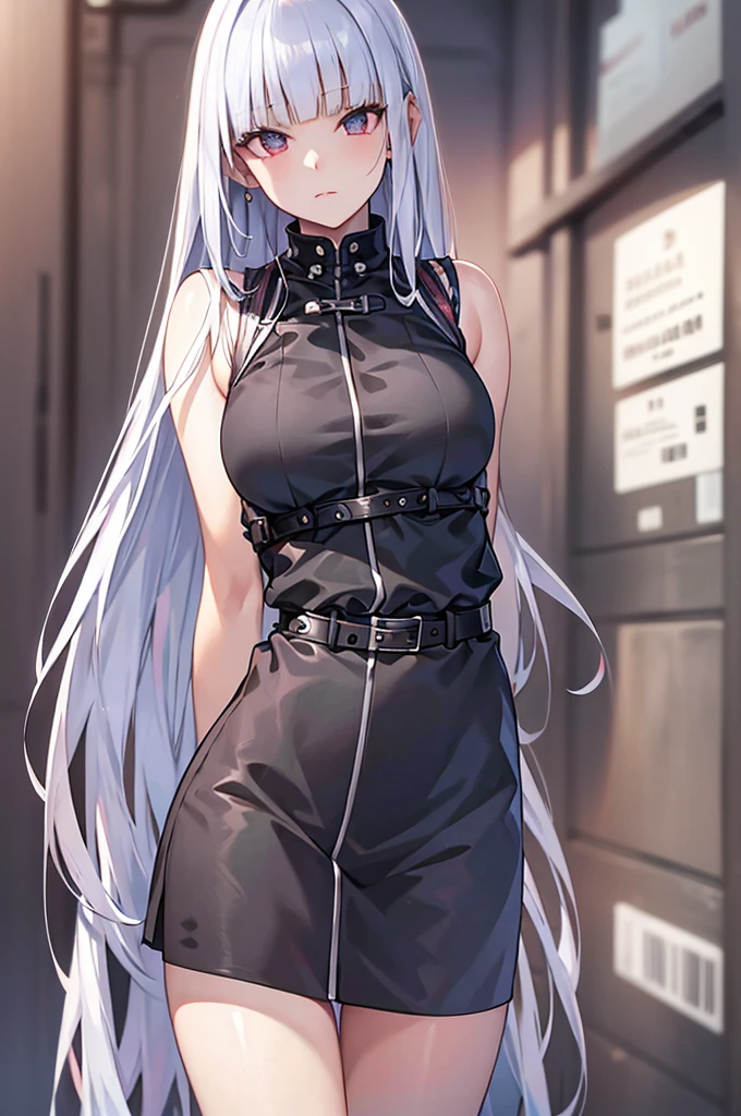 masterpiece, best quality, absurdres, perfect anatomy, 1girl, solo, long silver deep gray hair, cropped jacket, belt, cowboy shot, standing, smile, (arm behind back:1.5),(leaning forward:1.25),(perfect eyes:1.5), heterochromia, red eyes, gray eyes, leather, diamond lace, black punk,pale skin
Hime hair