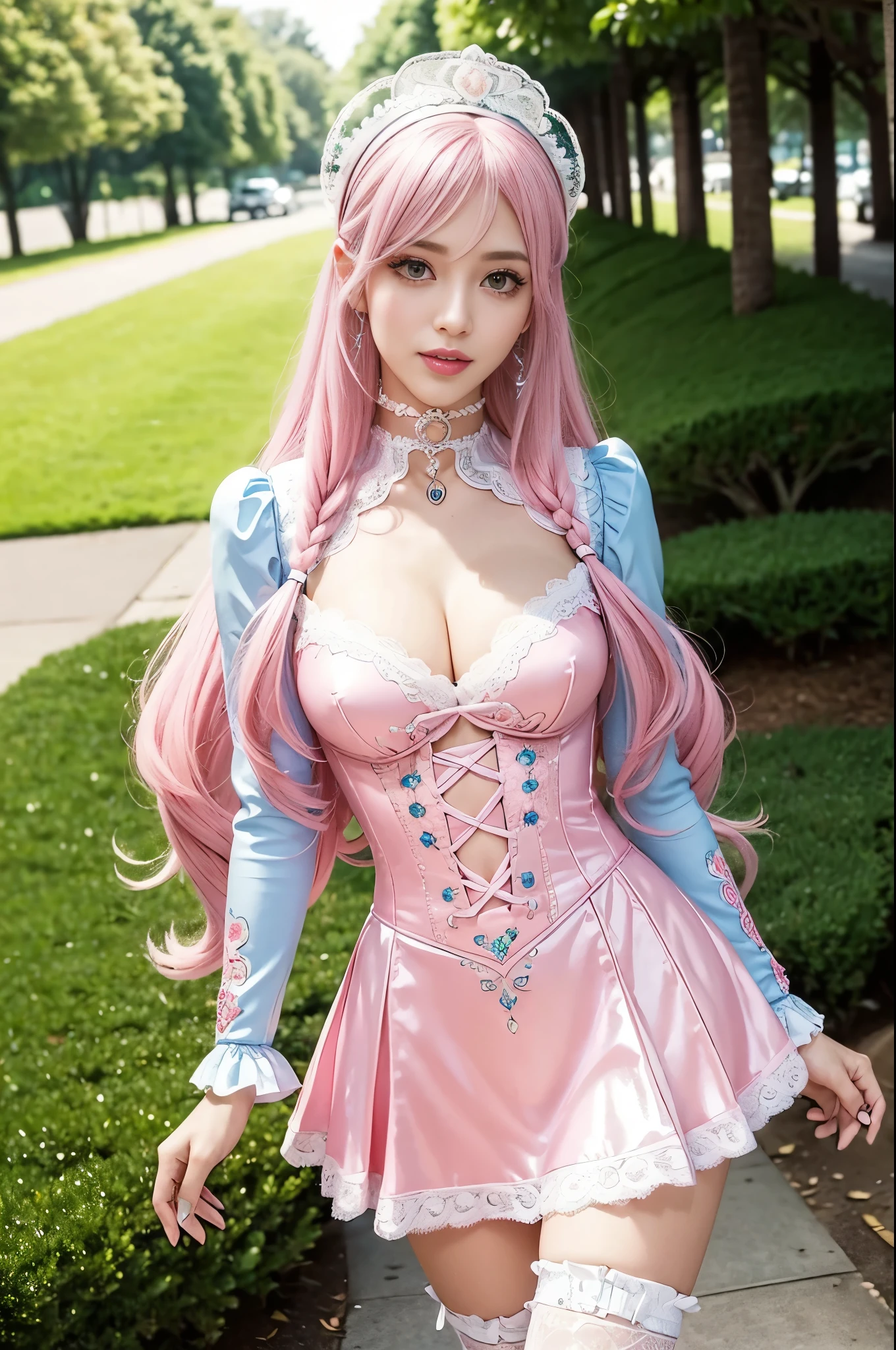sexy stylish Swedish model, only 1 female, ((doll-like appearance)), long neon pink stylish hair, ((shiny Victorian-Style boots)), (beautiful smile), very detailed eyes, vivid eye makeup, lipgloss, long lashes, defined eyebrows, ((sexy Paradise Kiss cosplay)), bell-shaped skirt, petticoats, high neckline, puffed sleeves, (( ultra detailed lace)), ((ultra detailed embroidery)), intricate details, Paradise Kiss accessoires and matching headpiece, choker, ((large sparkling Paradise Kiss jewelry)), cinematic light, detailed large park background with trees