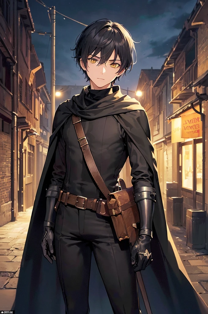 (masterpiece; best quality: 1.2), (finely detailed eyes: 1.3), ((25 year old man)), ((solo)), (yellow eyes: 1.4), (body; lithe, lean, slender: 1.3), (very short black hair: 1.3), (beautiful and clear background: 1.2), ((depth of field)), (clothes: black assassin attire + black high-neck tunic + black pants + black gloves + black cloak + belts + traveler pouches and satchel: 1.3), (anime illustration: 1.2), (background; medieval slums alleyway + night: 1.1), (extremely fine and handsome: 1.1), (shot composition; standing + centered on torso + close-up: 1.5), (expression; calm, stoic: 1.2)