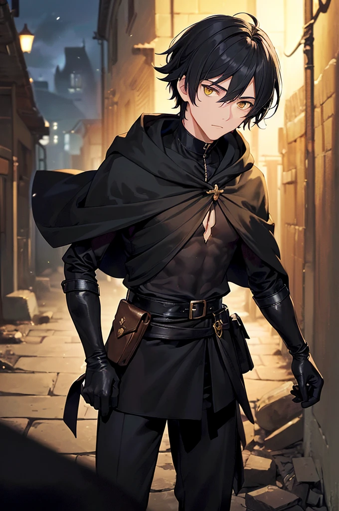 (masterpiece; best quality: 1.2), (finely detailed eyes: 1.3), ((25 year old man)), ((solo)), (yellow eyes: 1.4), (body; lithe, lean, slender: 1.3), (very short black hair: 1.3), (beautiful and clear background: 1.2), ((depth of field)), (clothes: black assassin attire + black high-neck tunic + black pants + black gloves + black cloak + belts + traveler pouches and satchel: 1.3), (anime illustration: 1.2), (background; medieval slums alleyway + night: 1.1), (extremely fine and handsome: 1.1), (shot composition; standing + centered on torso + close-up: 1.5), (expression; calm, stoic: 1.2)